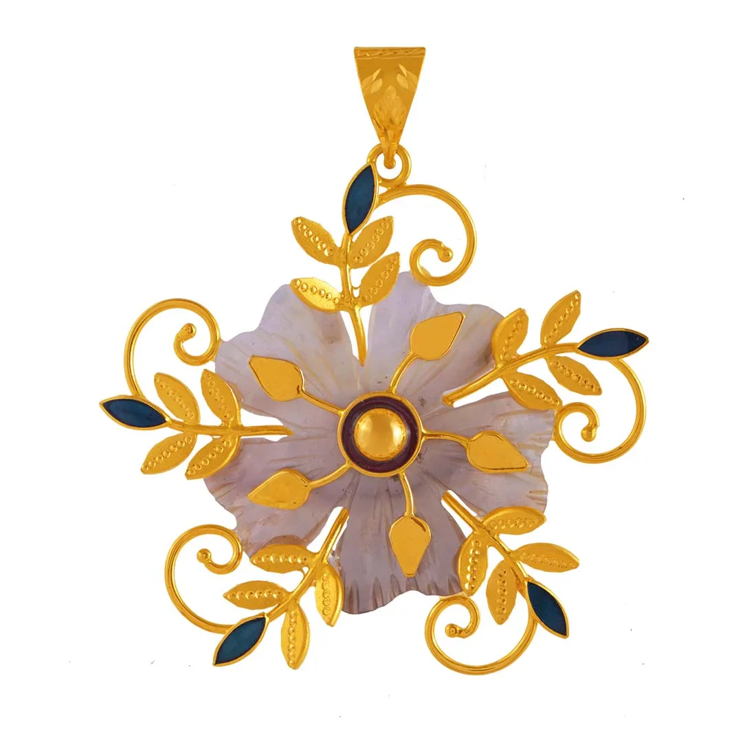 22K Gold Pendant Purple Floral Design With Leafy Accents And Patterns - Image 3