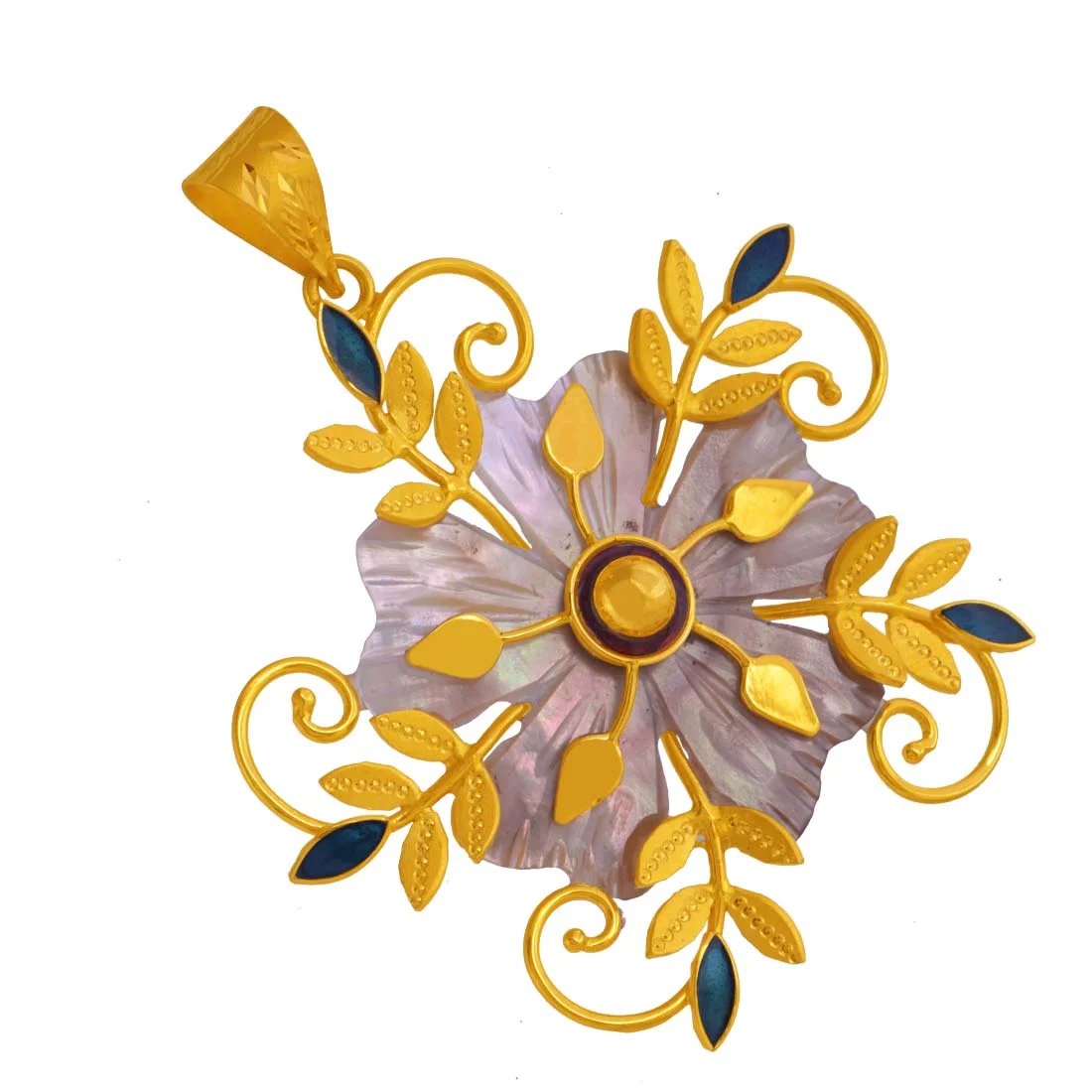 22K Gold Pendant Purple Floral Design With Leafy Accents And Patterns - Image 4