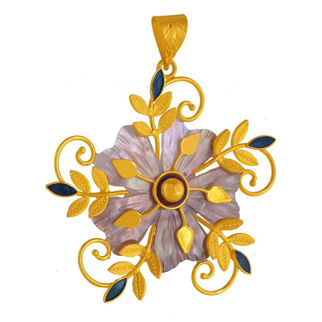 22K Gold Pendant Purple Floral Design With Leafy Accents And Patterns - Image 5