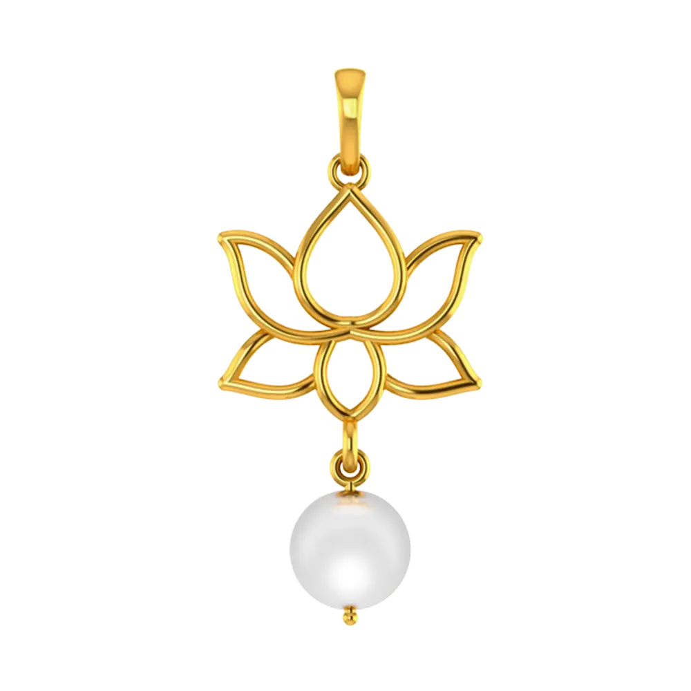 22k Gold Pendant With A Design Of Lotus And A Pearl Hanging In The Bottom