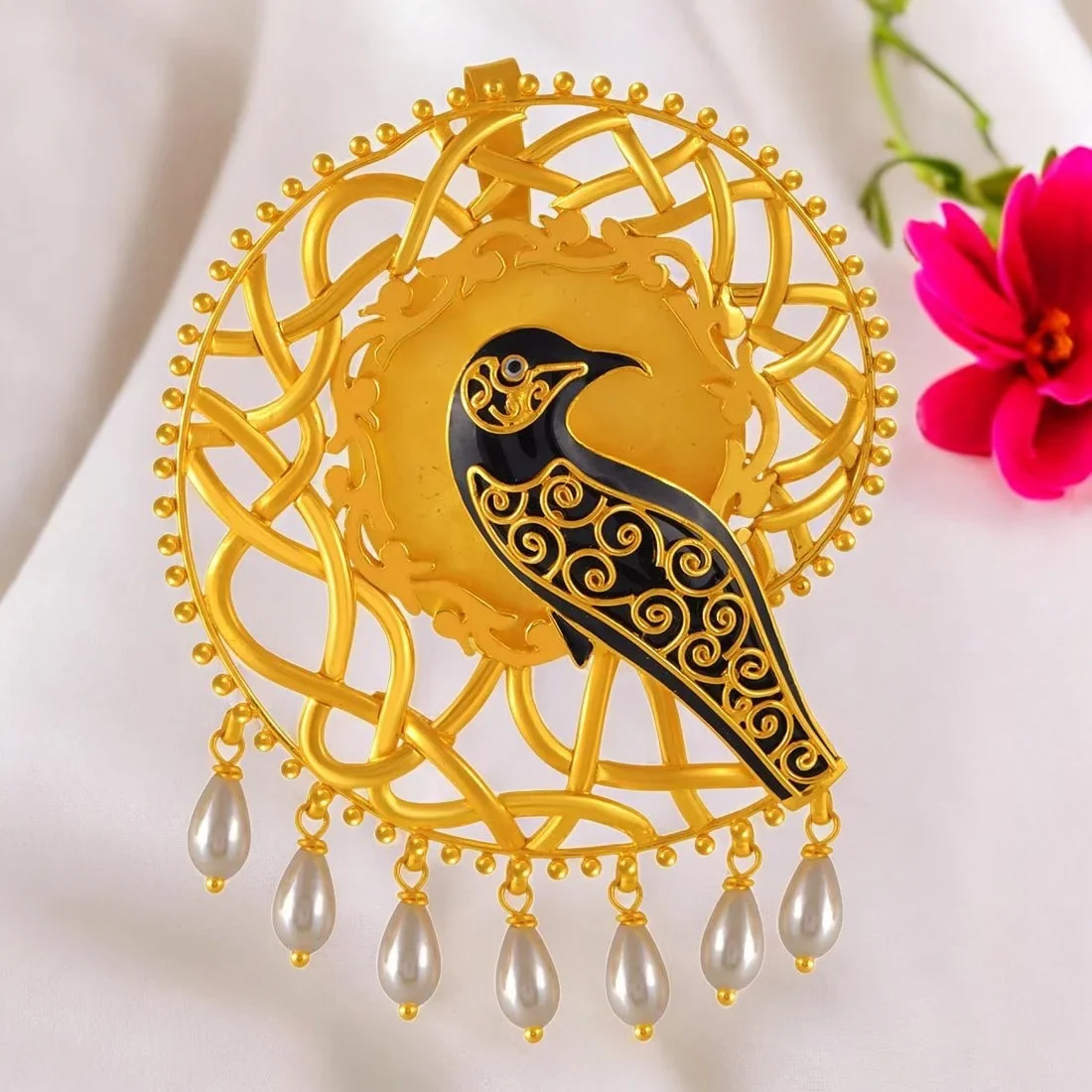 22K Gold Pendant With Bird Motif, Black Enamel, And Pearl Embellishments