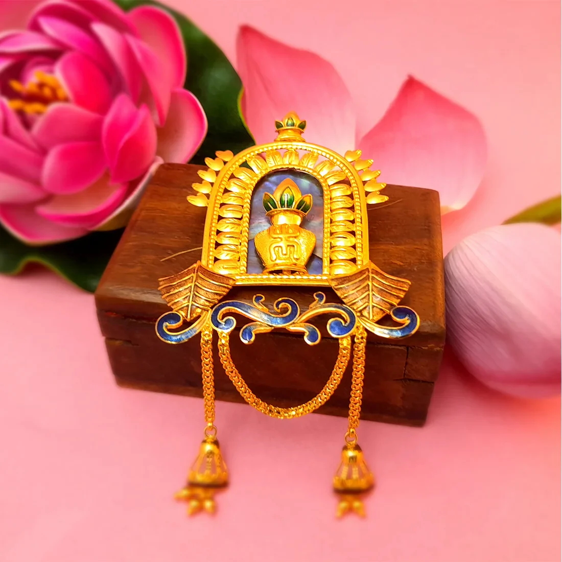 22K Gold Pendant With Enamel Work, And Dangling Elements