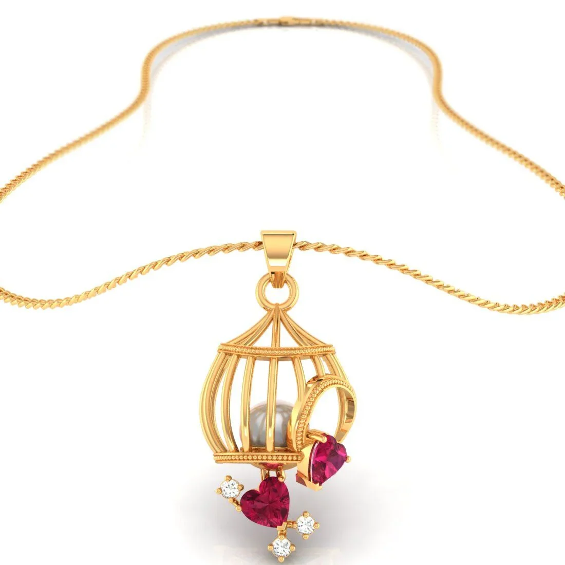 22K Gold Pendant With Pearl In A Cage Design And Embedded Gemstones