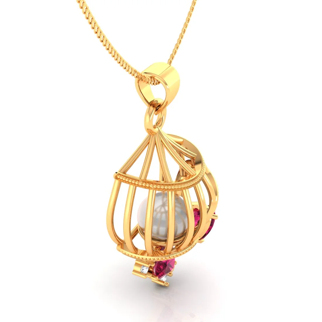 22K Gold Pendant With Pearl In A Cage Design And Embedded Gemstones - Image 3