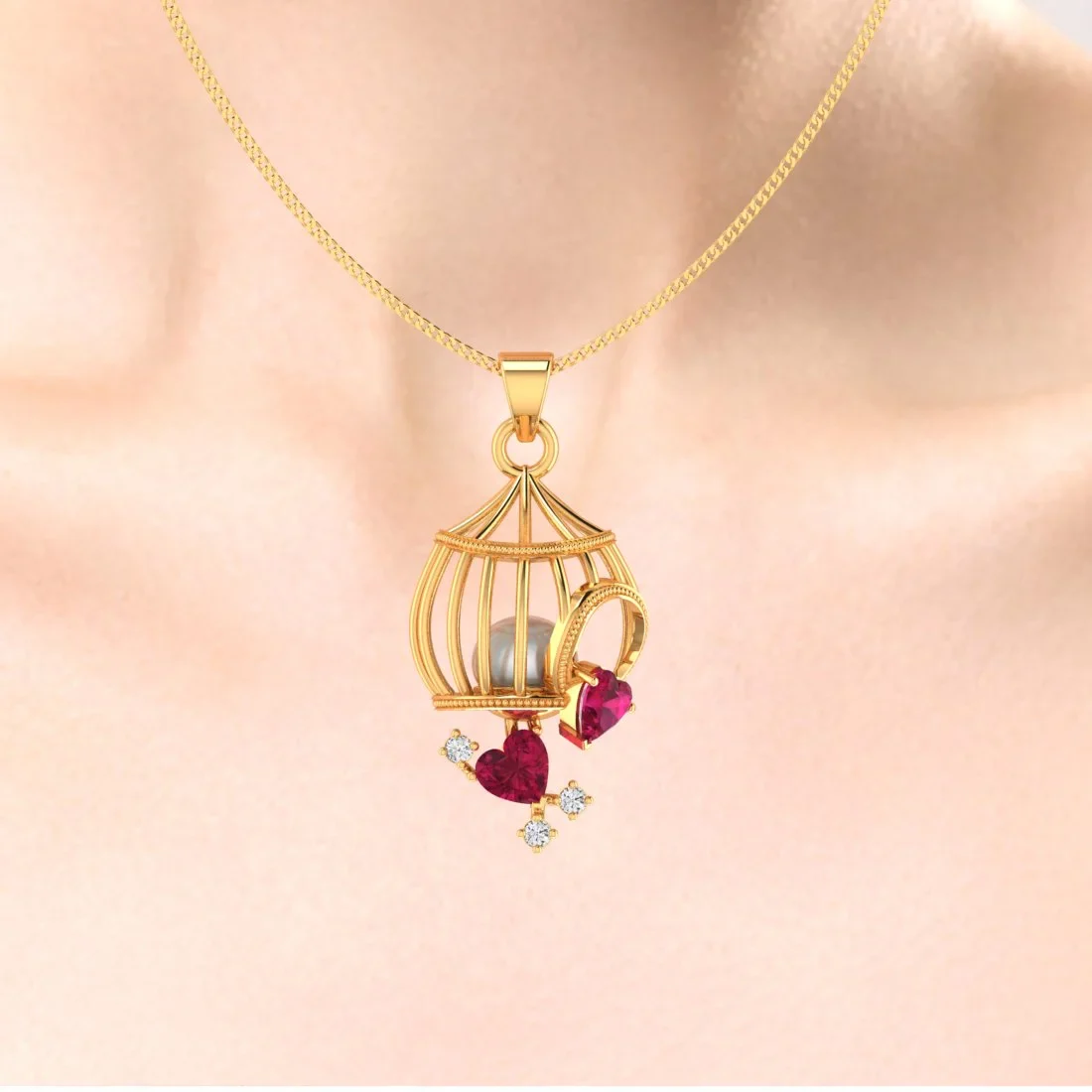 22K Gold Pendant With Pearl In A Cage Design And Embedded Gemstones - Image 5