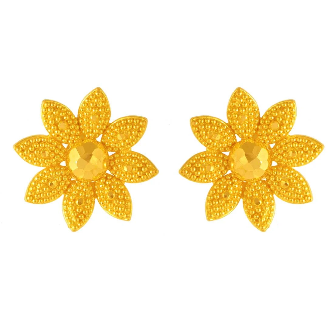 22k Gold Textured Floral Stud Earrings - Image 2