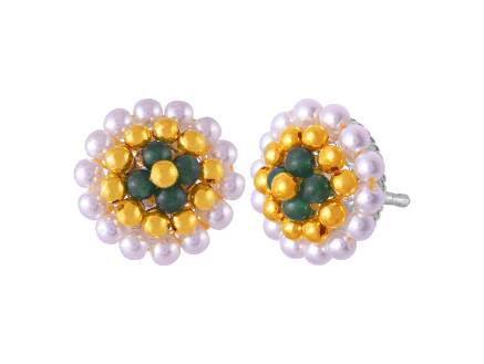 22k Majestic Pearl & Green Beads Tushi Gold Stud Earrings - Image 2