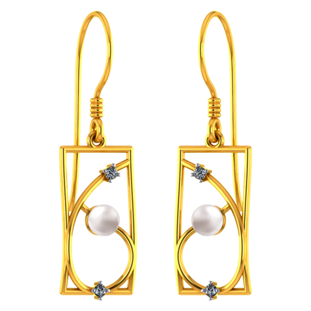 22k Rectangular Gold Earrings With Unique Design And A Pearl - Image 3