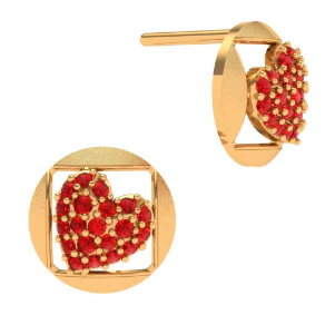 22k Red Stone Embossed Heart Themed Yellow Gold Earrings - Image 2