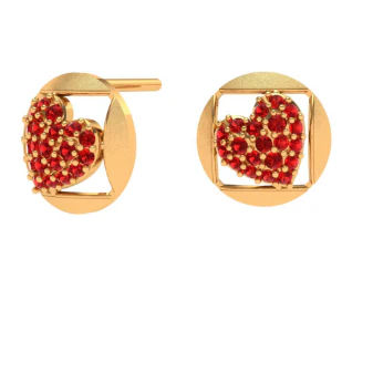 22k Red Stone Embossed Heart Themed Yellow Gold Earrings - Image 4