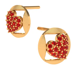 22k Red Stone Embossed Heart Themed Yellow Gold Earrings - Image 5