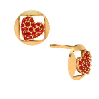 22k Red Stone Embossed Heart Themed Yellow Gold Earrings - Image 6