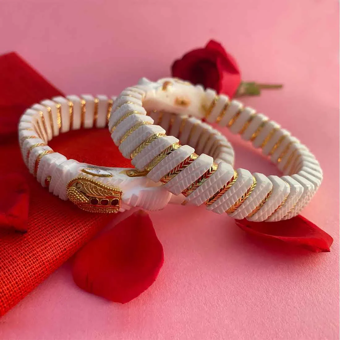22K Traditional Bengali Shakha Bangles With Makara Motif And Gold Detailing For Women & Girls