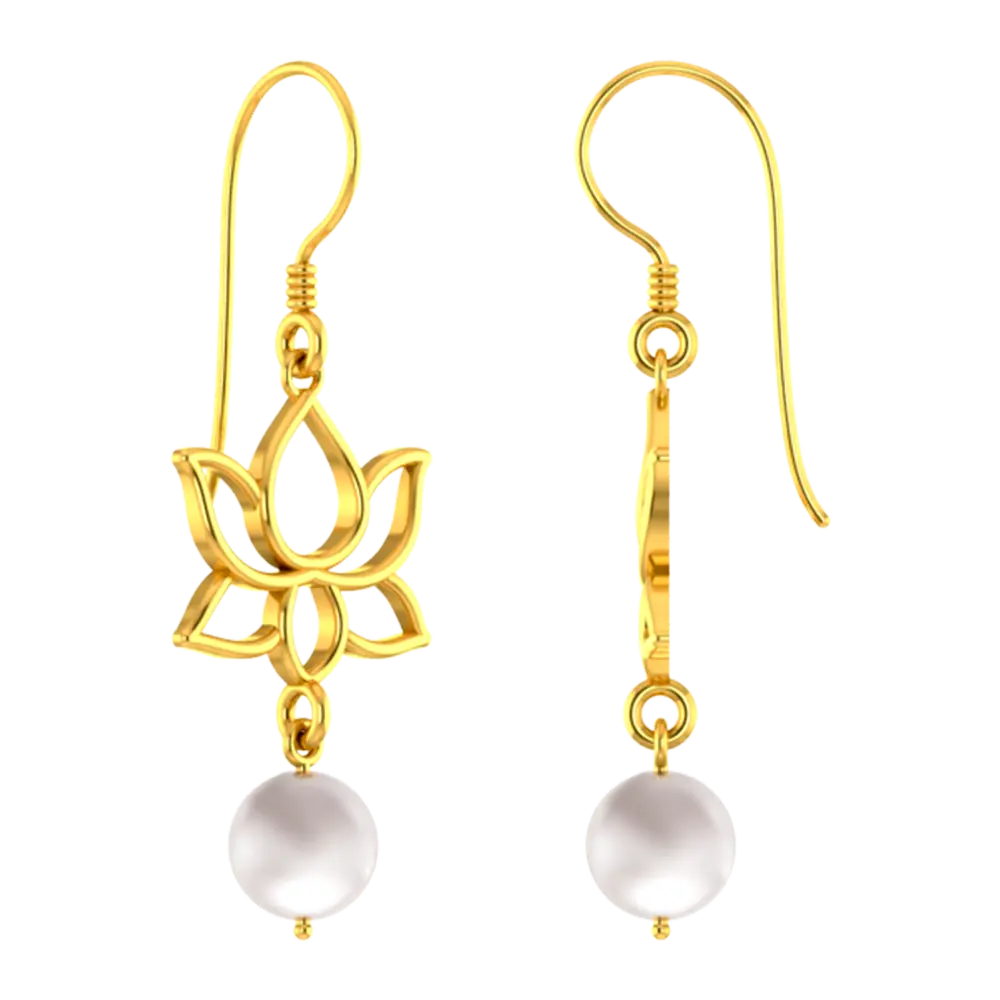 22k Unique Earrings With Gold Lotus Design And A Hanging Pearl - Image 4