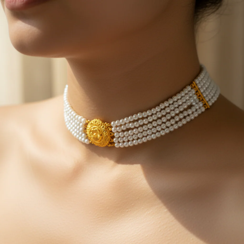 22KT (916) Pearl Gold Choker Necklace with Floral Centre and Dori Tassel - Image 2