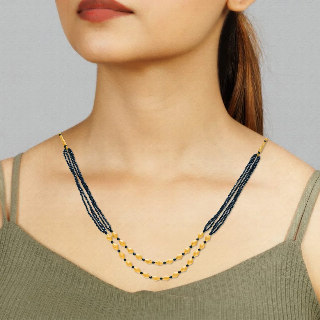 22KT (916) Yellow Gold Black Layered Beads with Gold Barrel Motifs Thusi Necklace - Image 5