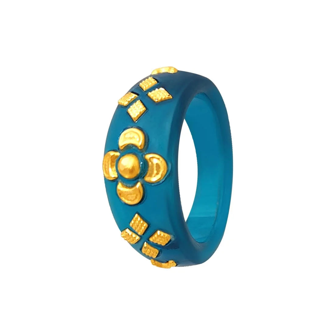 22KT (916) Yellow Gold Blue Pola Ring With Floral Embellishments For Women & Girls (Size 11)