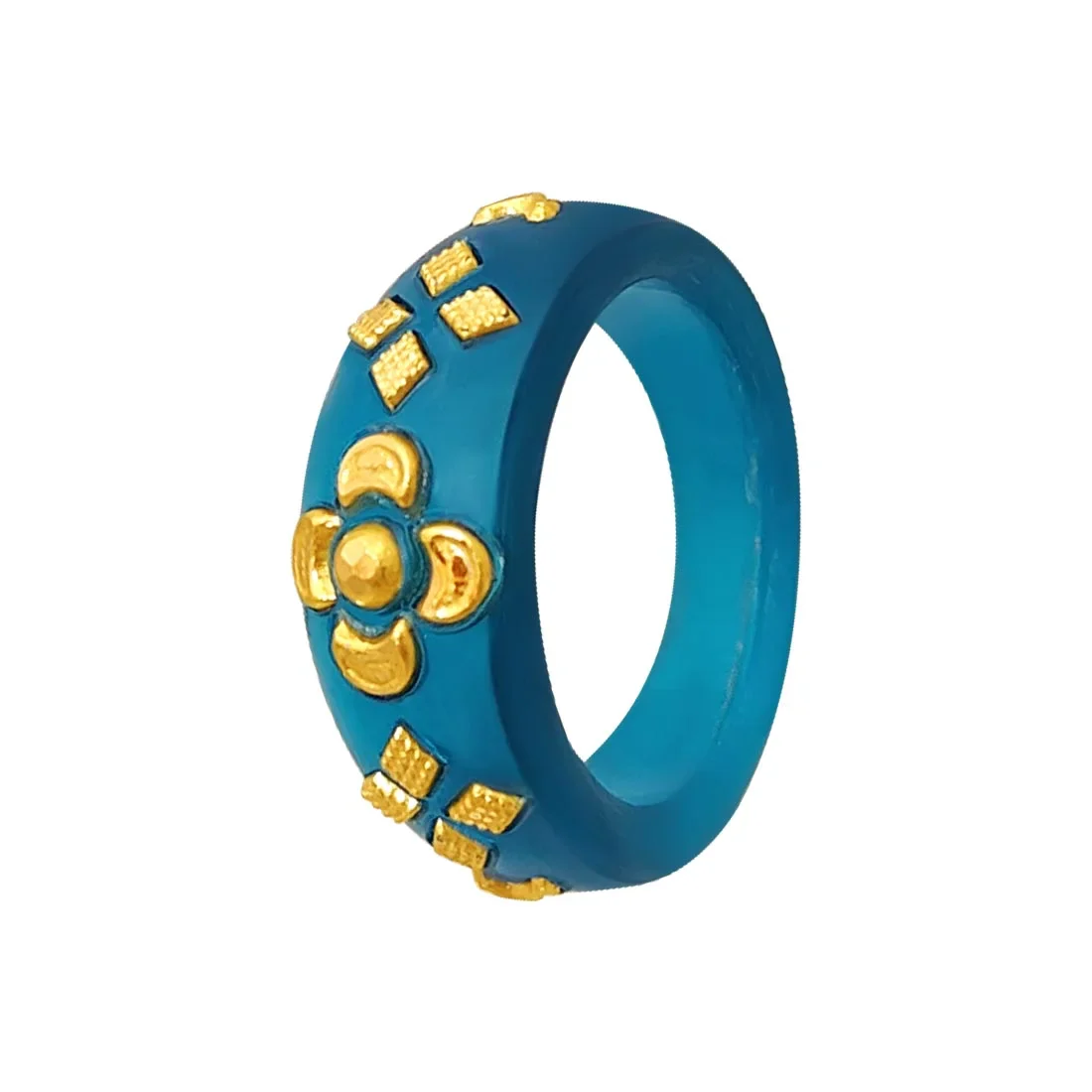 22KT (916) Yellow Gold Blue Pola Ring With Floral Embellishments For Women & Girls (Size 11) - Image 2