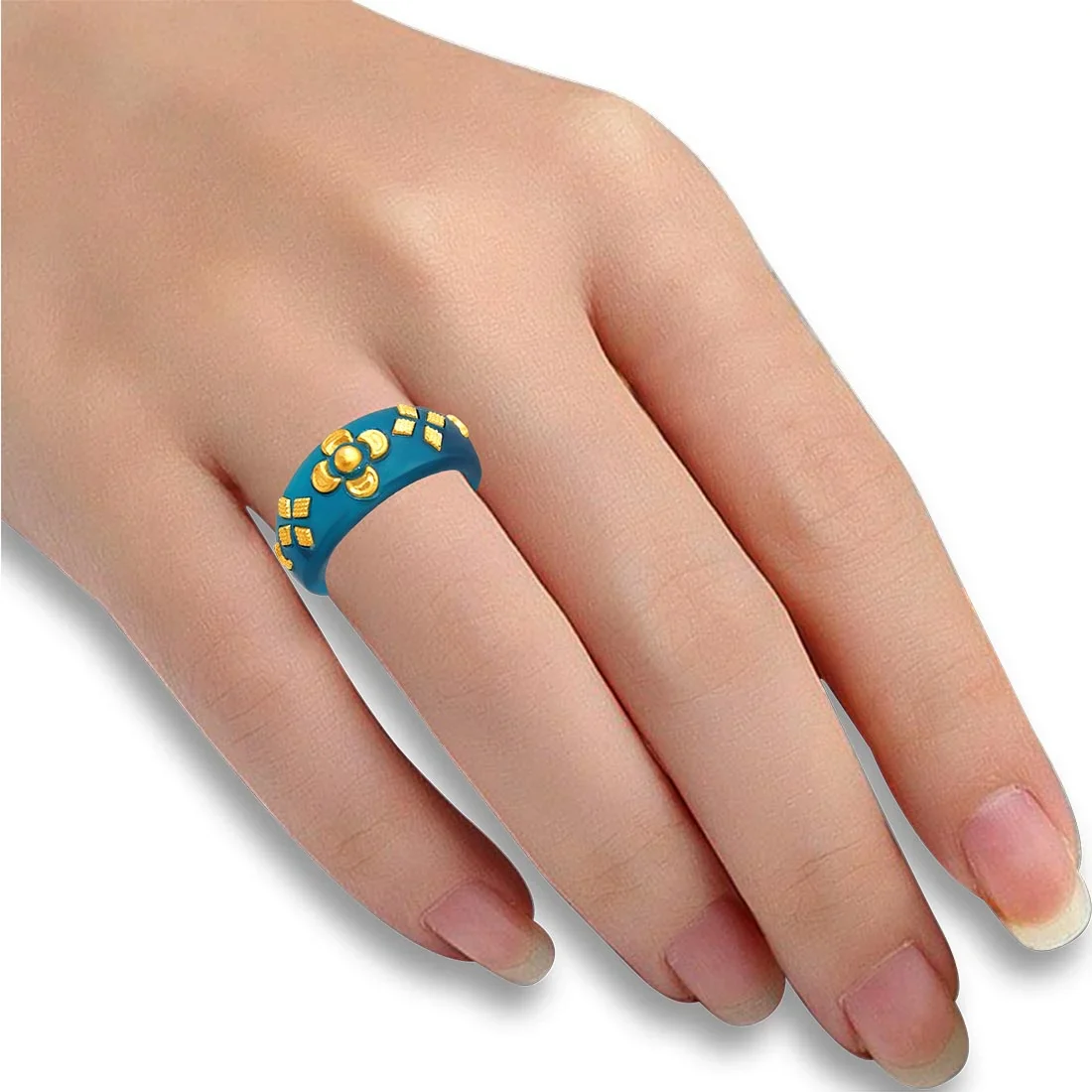 22KT (916) Yellow Gold Blue Pola Ring With Floral Embellishments For Women & Girls (Size 11) - Image 4