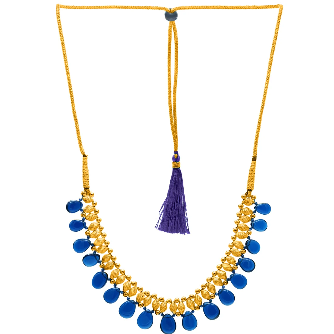 22KT (916) Yellow Gold Blue Teardrop Enamel Beads Thusi Necklace - Image 2