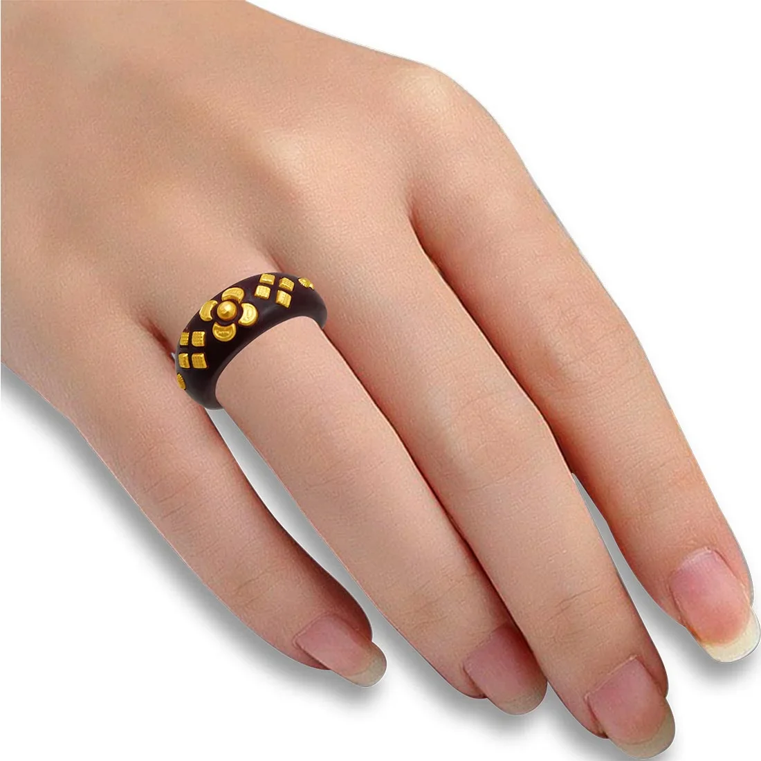 22KT (916) Yellow Gold Brown Pola Ring With Floral Embellishments For Women & Girls (Size 11) - Image 4