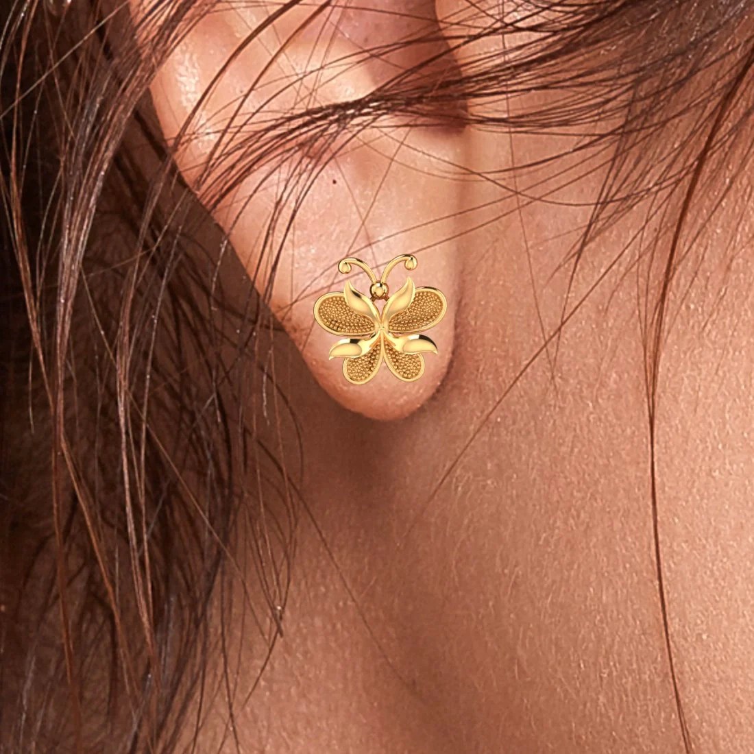 22KT (916) Yellow Gold Butterfly Stud Earrings With Textured Detail - Image 5