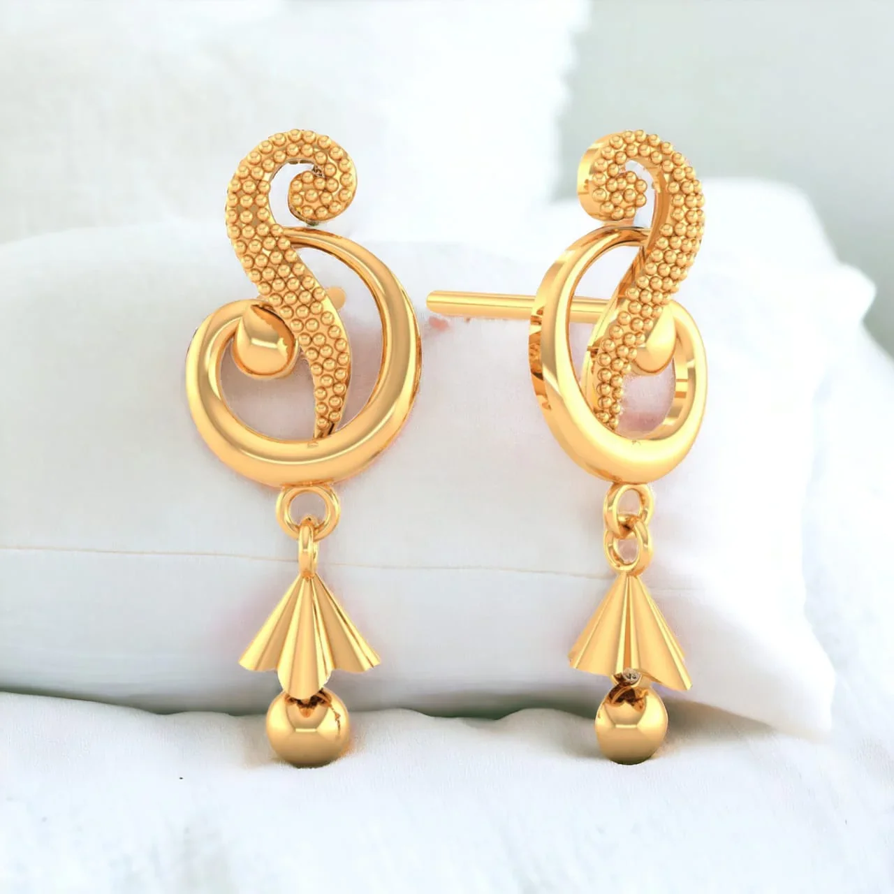 22KT (916) Yellow Gold Dangle Drop Earrings With Swirl Design And Cone-shaped Drop - Image 2