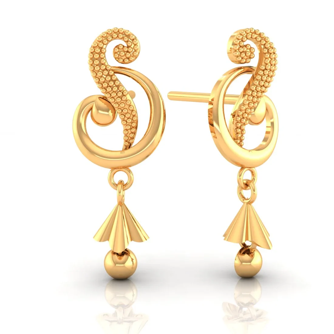 22KT (916) Yellow Gold Dangle Drop Earrings With Swirl Design And Cone-shaped Drop - Image 3