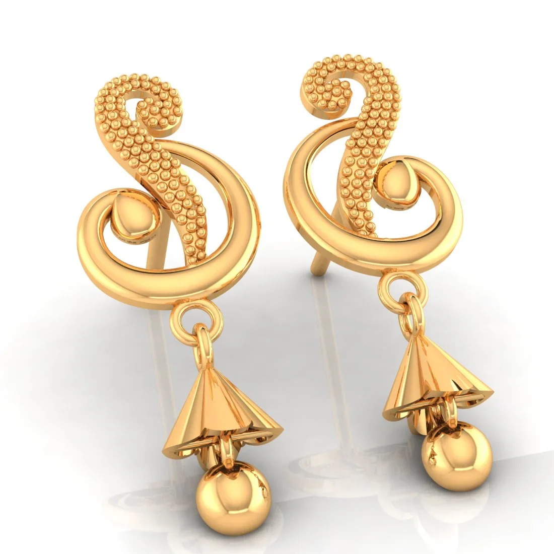 22KT (916) Yellow Gold Dangle Drop Earrings With Swirl Design And Cone-shaped Drop - Image 4