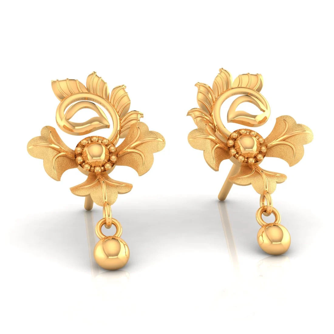 22KT (916) Yellow Gold Floral Drop Earrings With Ornate Design And Ball Accent - Image 3