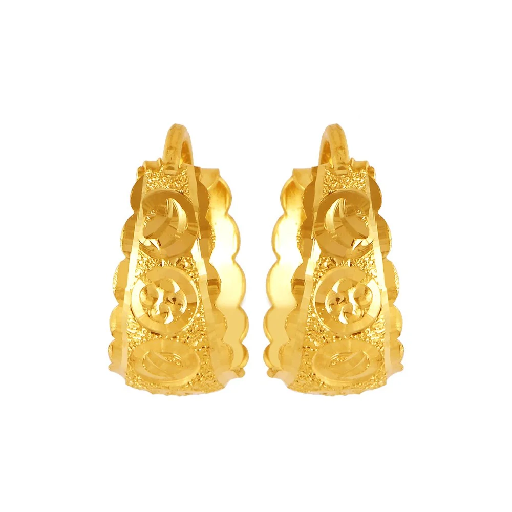 22KT (916) Yellow Gold Floral Motif Hoop Earrings With An Elegant Carved Design