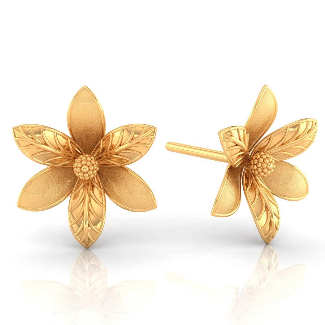 22KT (916) Yellow Gold Flower Stud Earrings With Detailed Petals And Textured Finish - Image 7