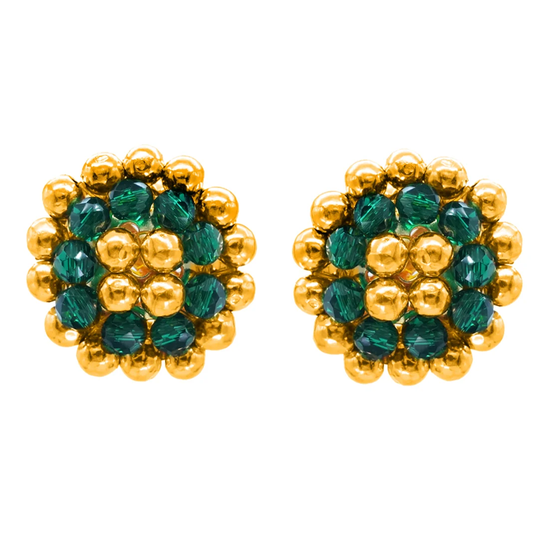 22KT (916) Yellow Gold Green Bead Thushi Stud Earrings - Image 2