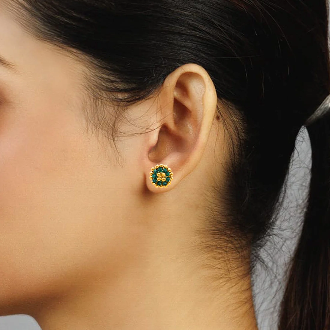 22KT (916) Yellow Gold Green Bead Thushi Stud Earrings - Image 5
