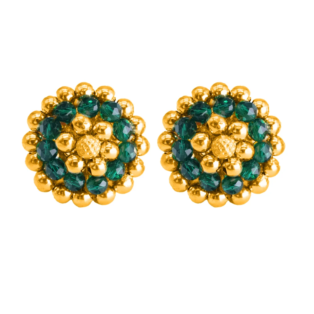 22KT (916) Yellow Gold Green Bead Traditional Thushi Stud Earrings - Image 3