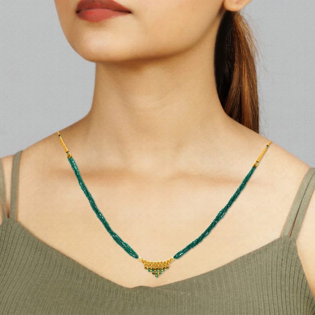 22KT (916) Yellow Gold Green Beaded Traditional Thusi Necklace - Image 5
