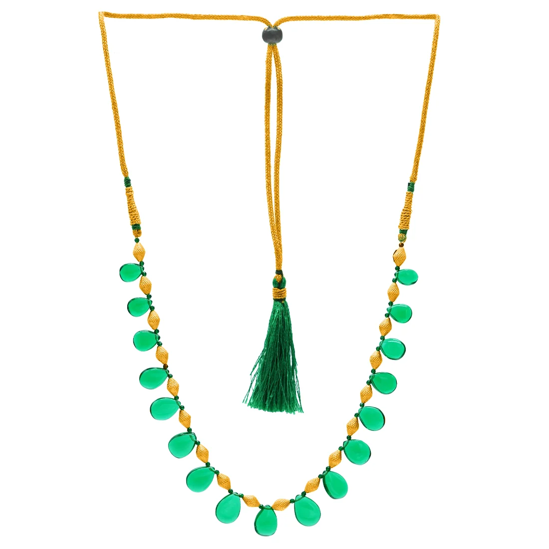 22KT (916) Yellow Gold Green Teardrop Enamel Beads Thusi Necklace