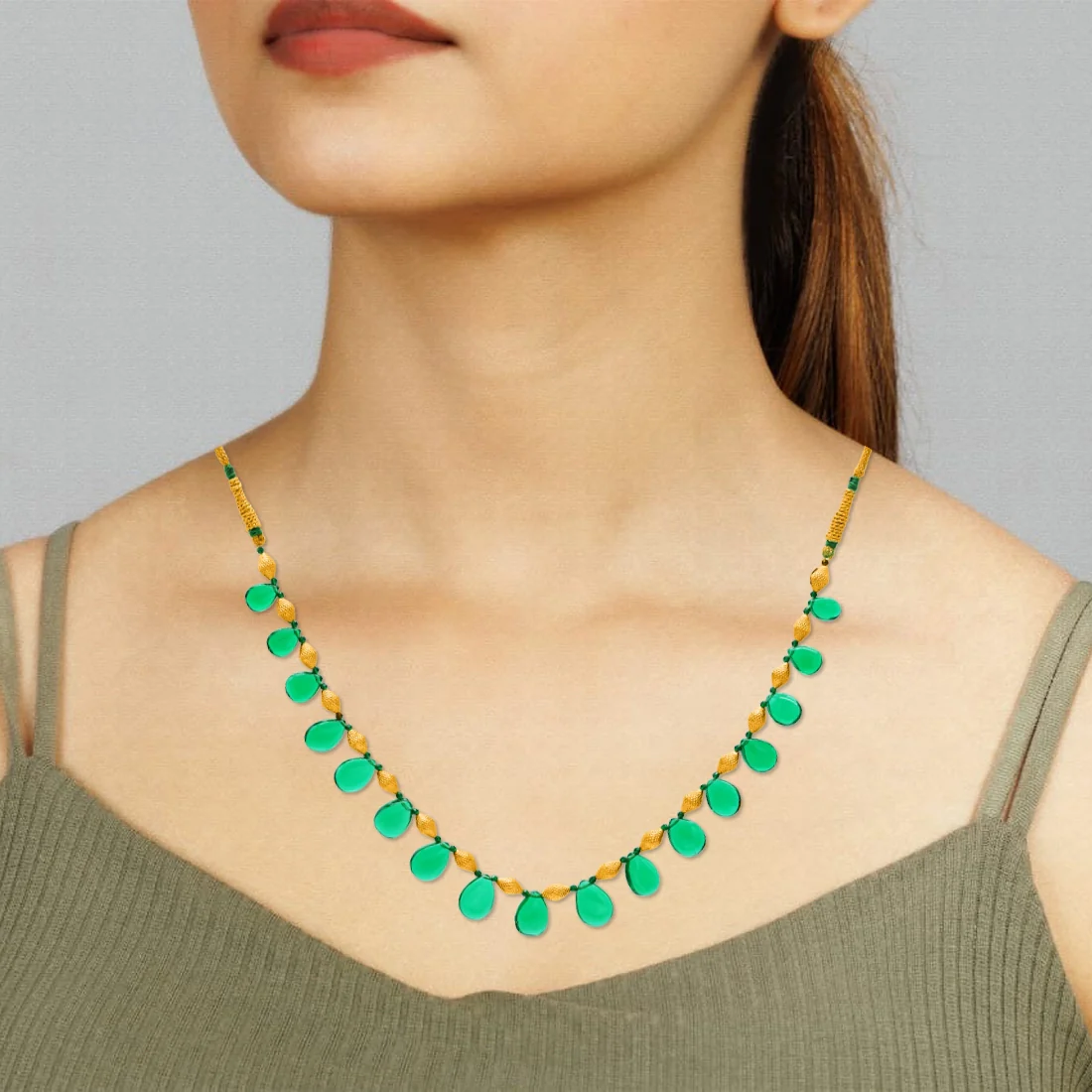 22KT (916) Yellow Gold Green Teardrop Enamel Beads Thusi Necklace - Image 4