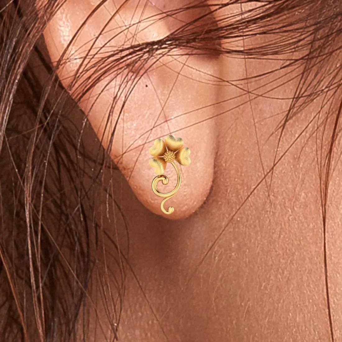 22KT (916) Yellow Gold Heart-Petal With Vine-Inspired Swirls Stud Earrings - Image 5