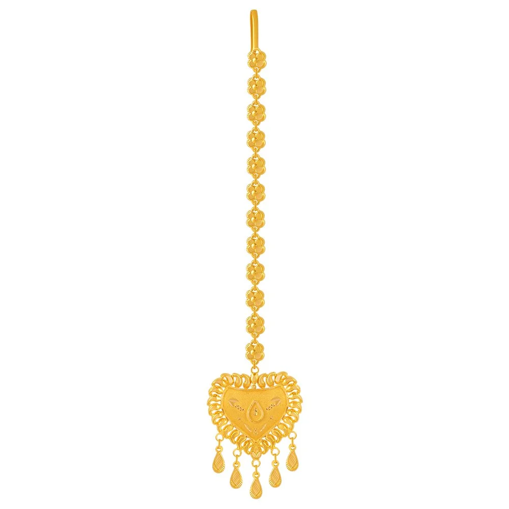 22KT (916) Yellow Gold Heart Shape Gold Maang Tika With Multiple Danglers
