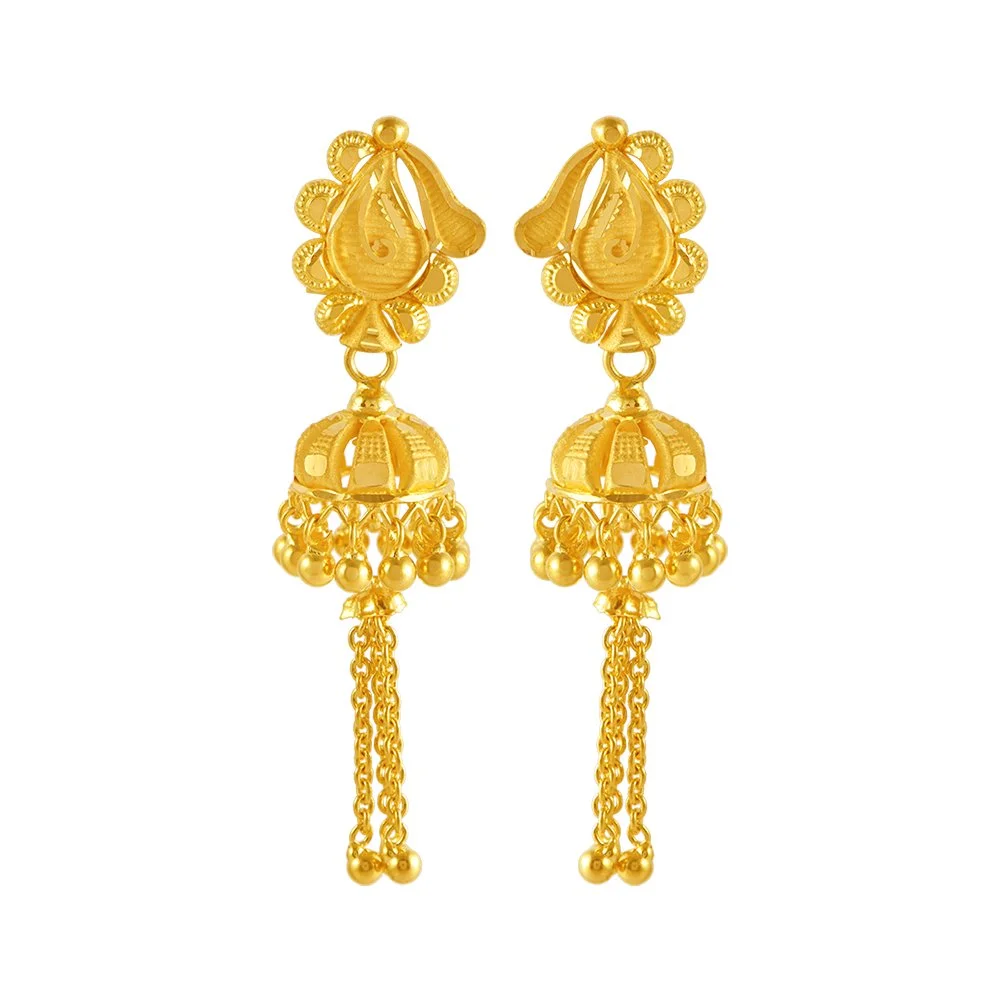 22KT (916) Yellow Gold Jhumka Earrings With Swinging Beaded Chains