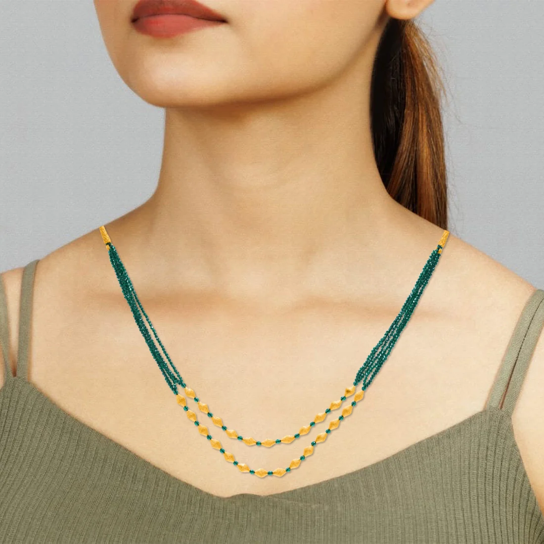 22KT (916) Yellow Gold Layered Green Beads Thusi Necklace - Image 5