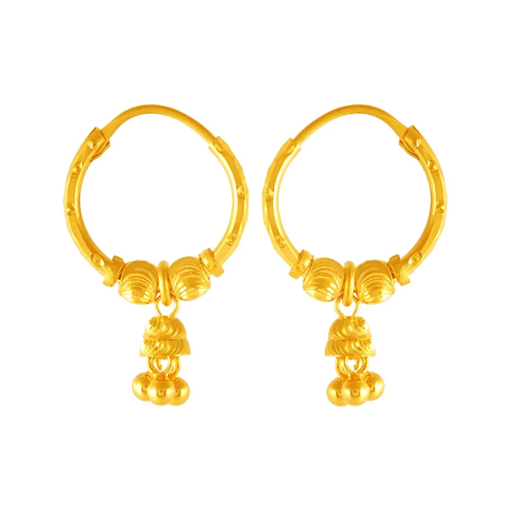 22KT (916) Yellow Gold Lightweight Hoop Earrings With Tiny Jhumka Drops