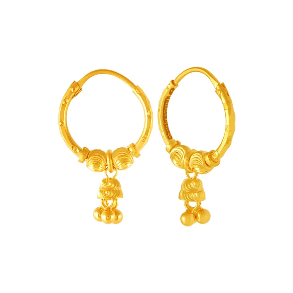 22KT (916) Yellow Gold Lightweight Hoop Earrings With Tiny Jhumka Drops - Image 2