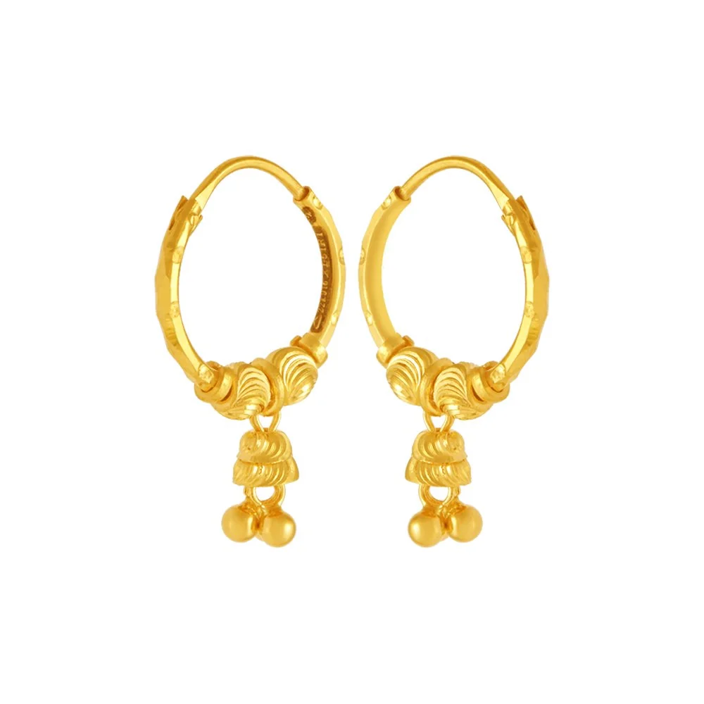 22KT (916) Yellow Gold Lightweight Hoop Earrings With Tiny Jhumka Drops - Image 3