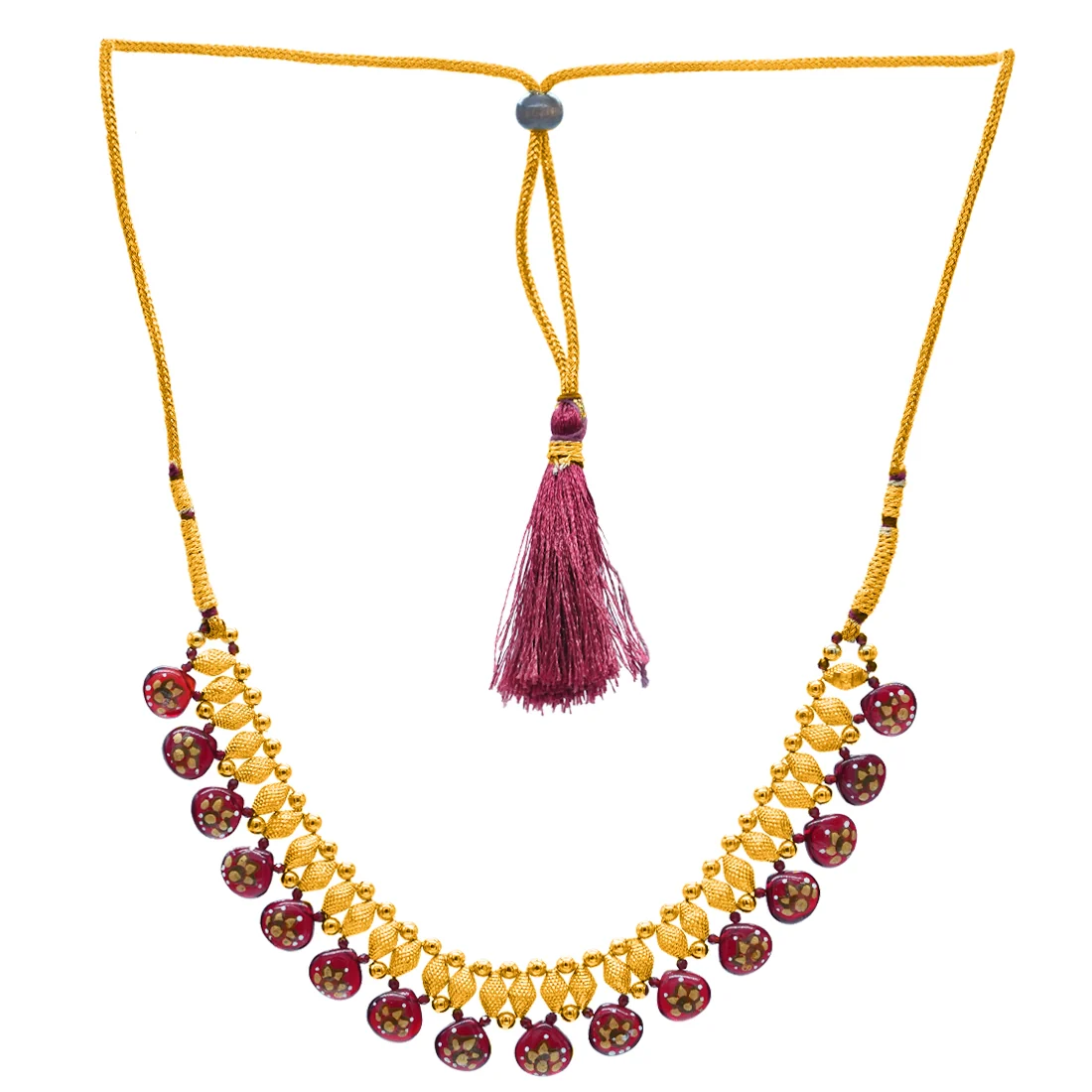 22KT (916) Yellow Gold Maroon Circular Enamel Drops Thusi Necklace - Image 2