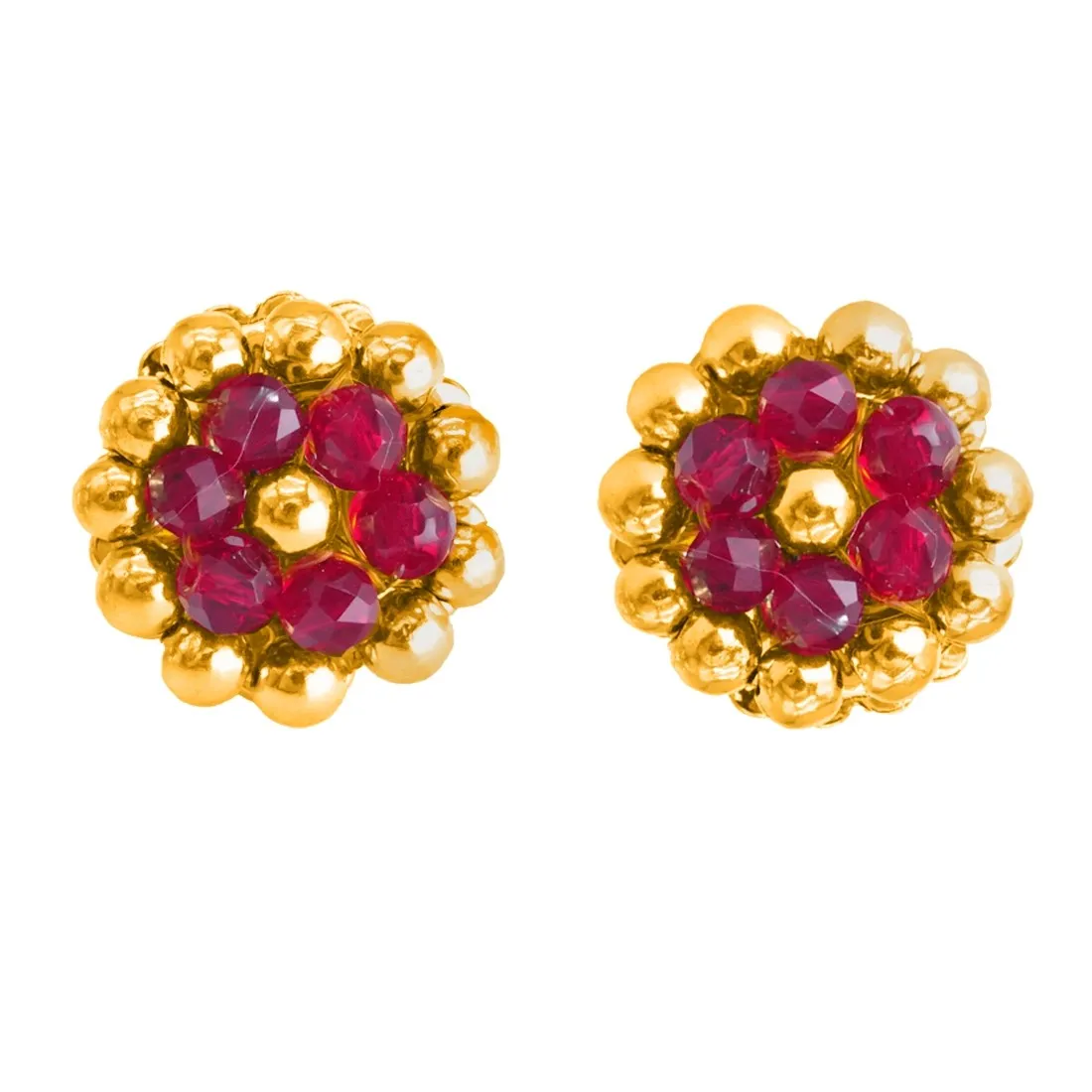 22KT (916) Yellow Gold Red Bead Traditional Thushi Stud Earrings - Image 3