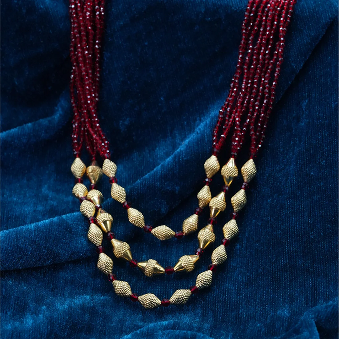 22KT (916) Yellow Gold Red Beaded Multi-Layer Thusi Necklace