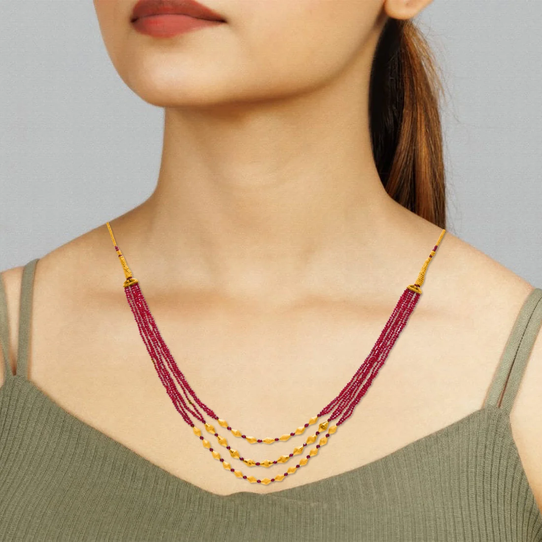 22KT (916) Yellow Gold Red Beaded Multi-Layer Thusi Necklace - Image 5