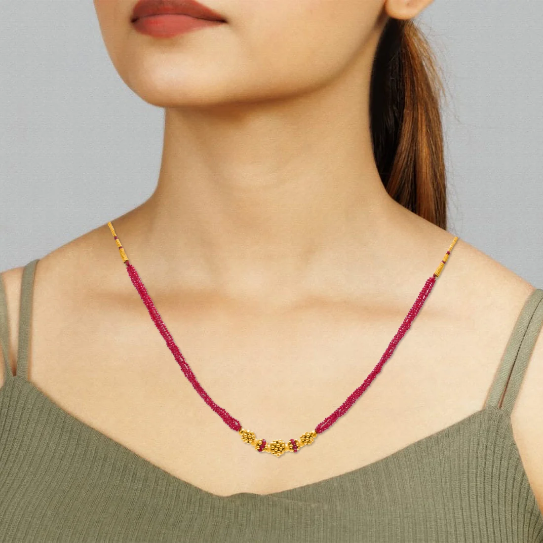 22KT (916) Yellow Gold Red Beaded Traditional Style Thusi Necklace - Image 4